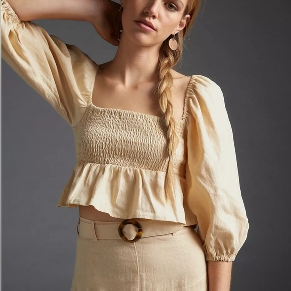 Faithfull the Brand Smocked Linen Crop Top with Peplum Hem in Sand Size 8 - Picture 2 of 12